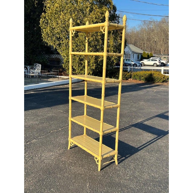 1970s Palm Beach Regency Yellow Faux Bamboo Etagere Bookcase For Sale - Image 5 of 18