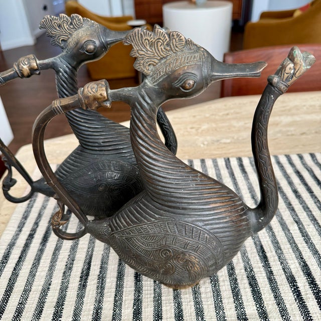 Traditional Two Antique Aquamanile Mughal Bronze Ritual Hamsa Goose / Swans W Golden Eyes For Sale - Image 3 of 12