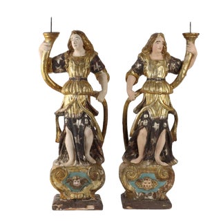 Antique Angel-Shaped Candleholders in Lacquered Wood, 18th Century, Set of 2 For Sale