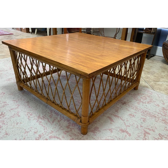 Vintage Philippine Rattan & Bamboo Lattice Coffee Table – 32” Square For Sale In San Francisco - Image 6 of 7