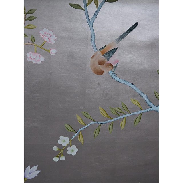 Chinoiserie Silver Leaf Chinoiserie Hand-Painted Floral & Bird Wall Panels (Set of 6) For Sale - Image 3 of 6