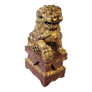Early Giltwood Chinese Guardian Lion Foo Dog Architectural Carving – 12" High For Sale