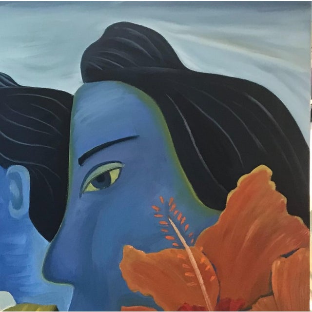 Contemporary Marc Zimmerman "Jungle Blues" Oil Painting, Blue Figurative Portraits in Tropical Setting, Hibiscus Blooms, Gold Foliage, Contemporary Art West Coast For Sale - Image 3 of 9
