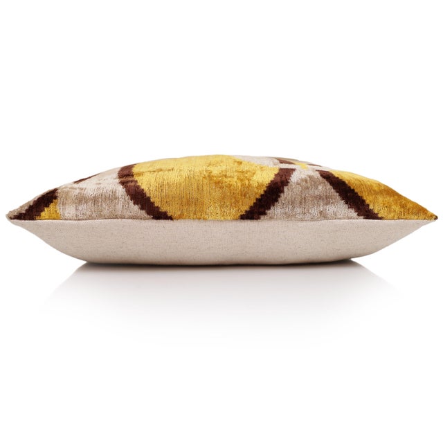 Mid-Century Modern Luxury Mustard, Cream and Chocolate Silk Velvet Ikat Lumbar Pillow 16x24 Inch With Down Insert For Sale - Image 3 of 8
