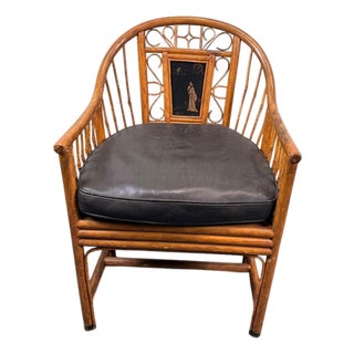 Vintage Chinoiserie Style Rattan Barrel Chair With Hand-Painted Lacquer Panel For Sale