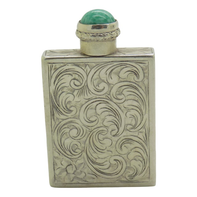 Vintage Italian Silver 800 Chiseled Perfume Bottle with Turquoise Stone Cap, 1970s For Sale