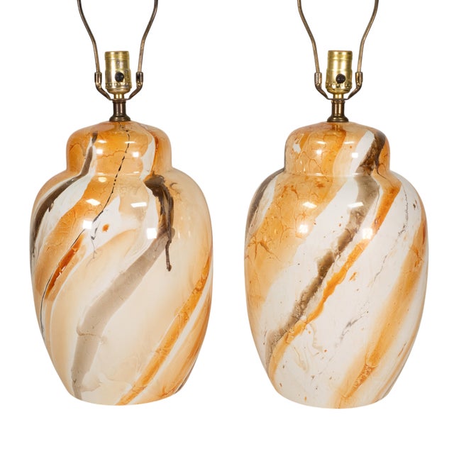 Mid-Century Modern Vintage Morris Greenspan Marbled Glazed Drip Ceramic Table Lamps - Pair For Sale - Image 3 of 17