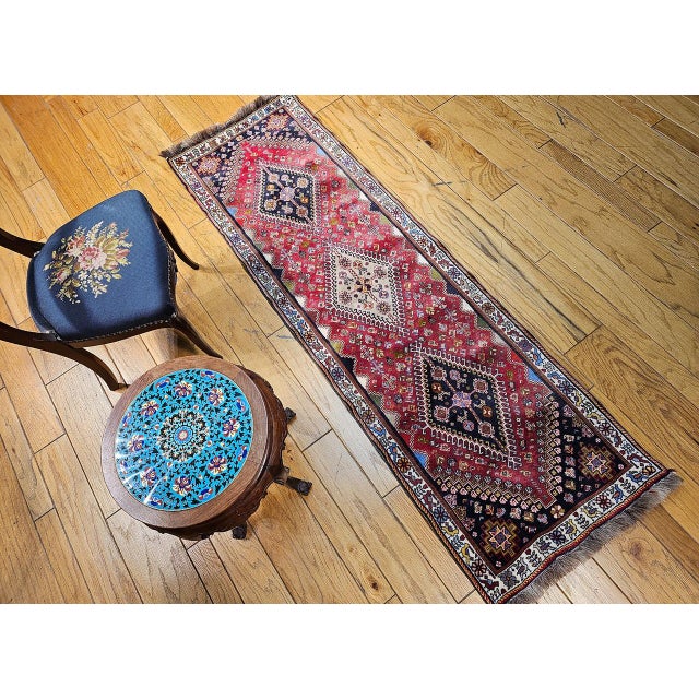 Vintage Persian Qashqai Gabbeh Runner Rug, Hand-Knotted Wool, Geometric Medallions Pattern, 2x7, Red & Navy For Sale - Image 14 of 14