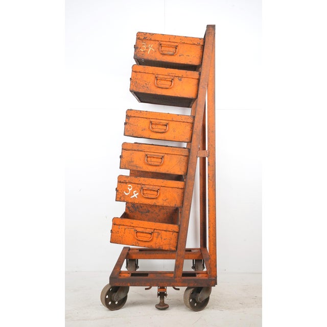 Orange Mid 20th Century Industrial Six Tray Orange Steel Rolling Cart For Sale - Image 8 of 8