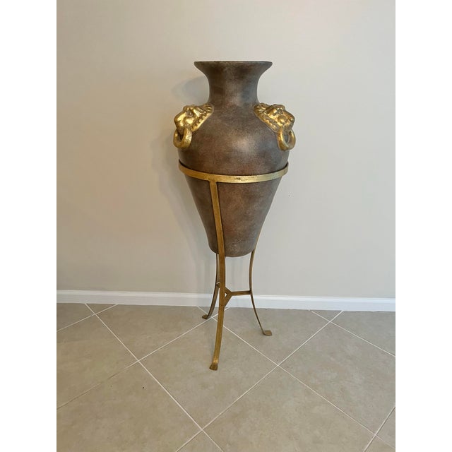 Neoclassical Vintage Floor Amphora Urn With Lionhead Ring Handles For Sale - Image 3 of 5