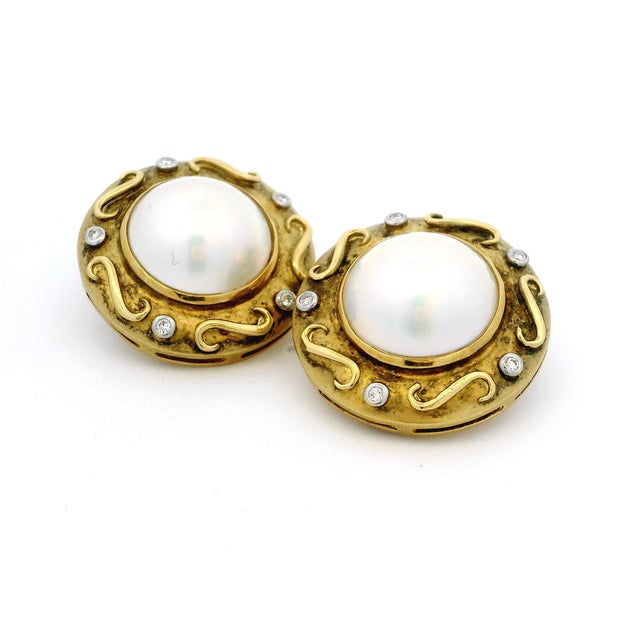 Italian 18k Gold Mabe Pearl & Diamond Earrings, Circa 1980, Pair For Sale - Image 12 of 13