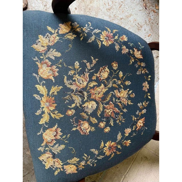 Wood Early 20th Century Antique Victorian Style Balloon Back Carved Mahogany Needlepoint Open Armchair For Sale - Image 7 of 10