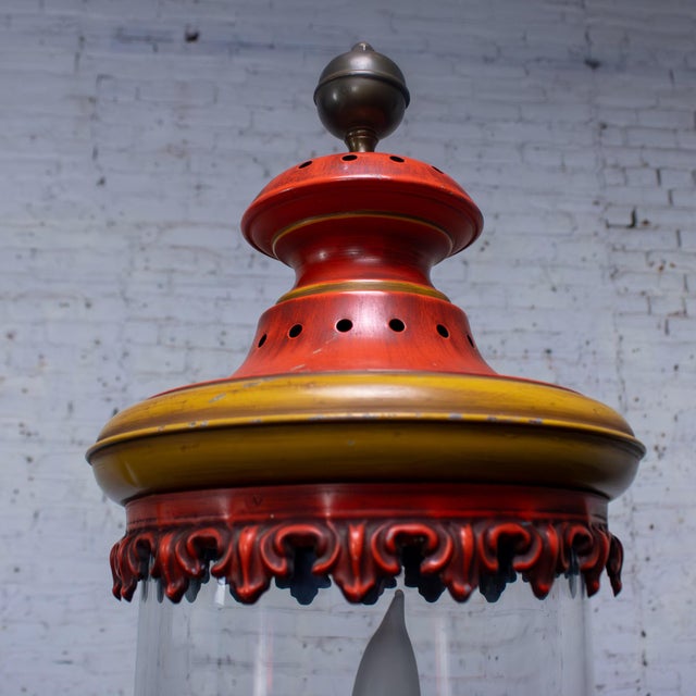 1960-1970’s Campaign Style Hurricane Lantern Table Lamp Orange & Yellow Painted Metal Frame & Brass Accents For Sale - Image 6 of 18
