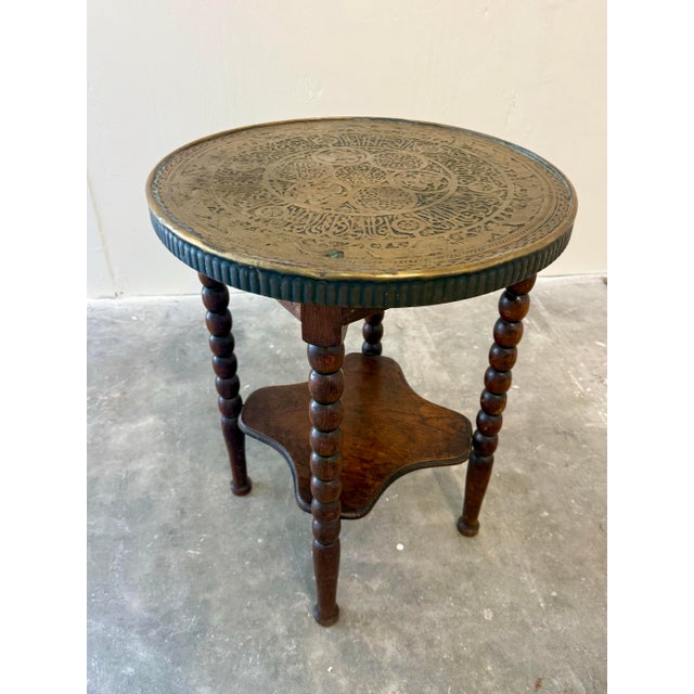 Vintage French Oak Bobbin Leg Table W/Moroccan Brass Top For Sale - Image 4 of 12