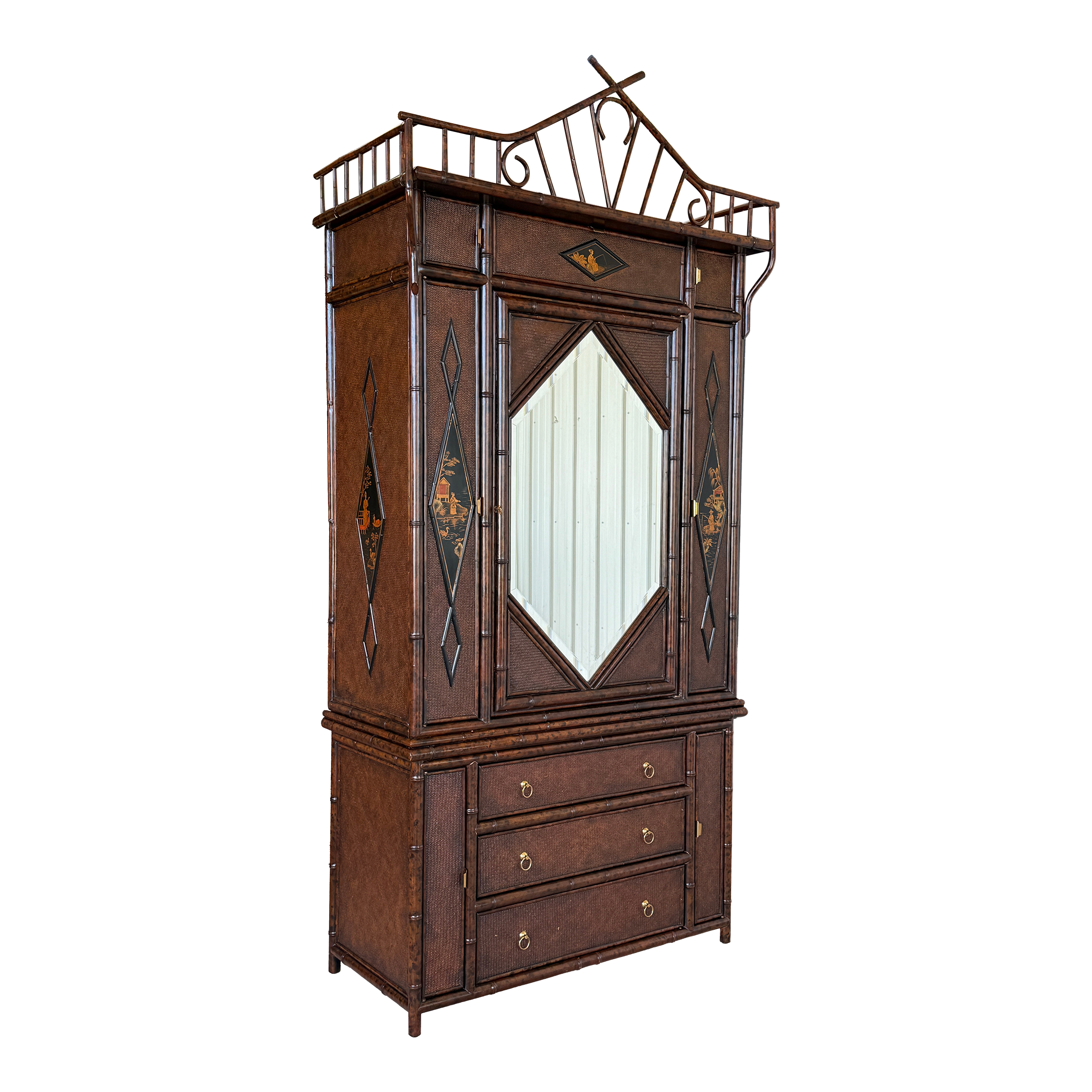 Maitland-Smith Chinoiserie Faux Bamboo & Woven Rattan Two-Piece