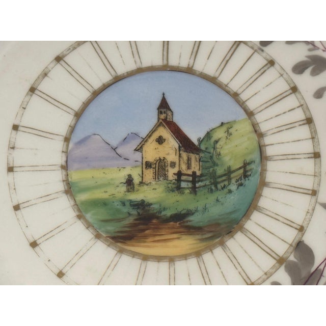 Traditional Antique Milk Glass Plate: Hand Painted Church Scene, Gold Gilt Border For Sale - Image 3 of 9