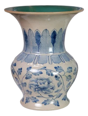 Hand-Painted Blue & Ivory Floral Vase With Flared Rim by Pottery 12, Hanoi Studio Art Ceramic