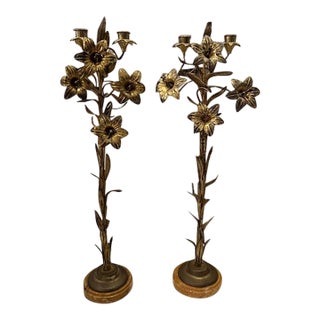 Pair of 1980s Brass Flower Candlesticks For Sale
