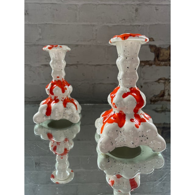 Pair of 1960s Orange Splatter Ceramic Candle Holders For Sale - Image 4 of 9