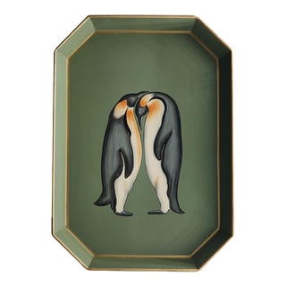 Les Ottomans Fauna Penguins Handpainted Iron Tray in Sage Green