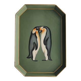 Les Ottomans Fauna Penguins Handpainted Iron Tray in Sage Green For Sale