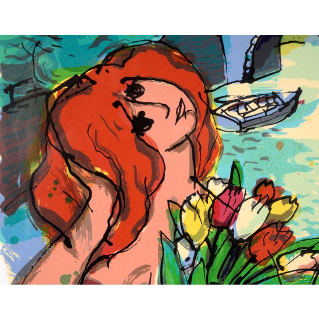 "By the Canal" Limited Edition Lithograph on Archival Paper Vibrant lithograph of a red-headed woman near a canal by...