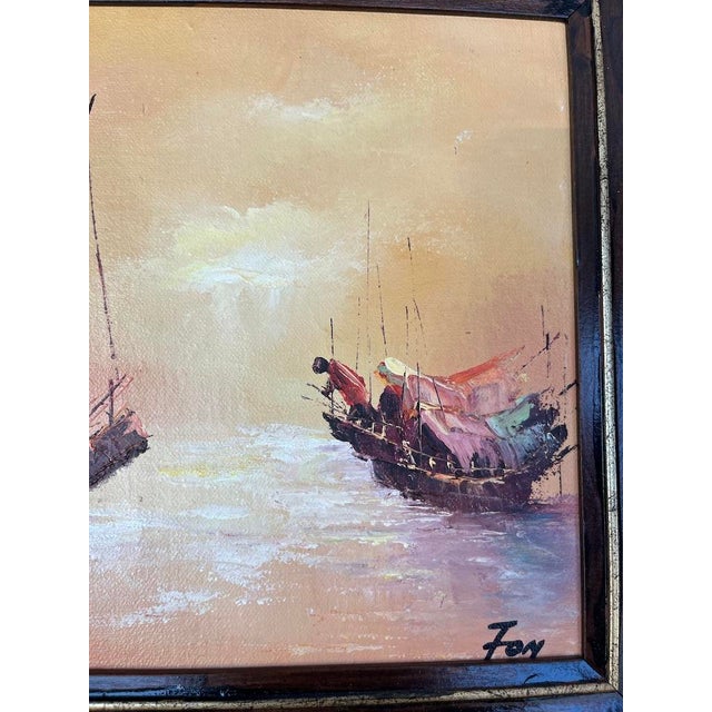 Chinoiserie Vintage Chinese Junk Ship Painting Framed For Sale - Image 3 of 4