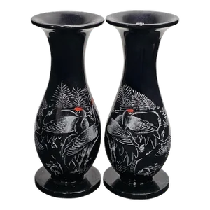 Chinese Pair of Onyx Black Marble Vase Crane Bird Pattern