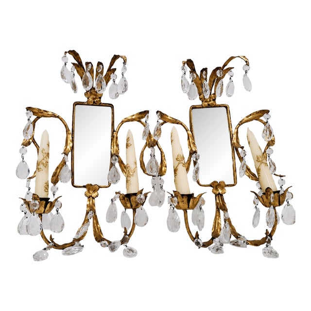 Pair of Vintage Parcel-Gilt and Metal Two-Light Sconces For Sale