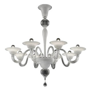 Venetian Murano Glass Chandelier in Transparent and White Tones with Silver Leaf by Simoeng for Simoeng For Sale