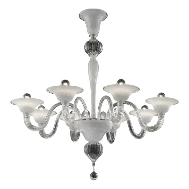 Venetian Murano Glass Chandelier in Transparent and White Tones with Silver Leaf by Simoeng for Simoeng For Sale