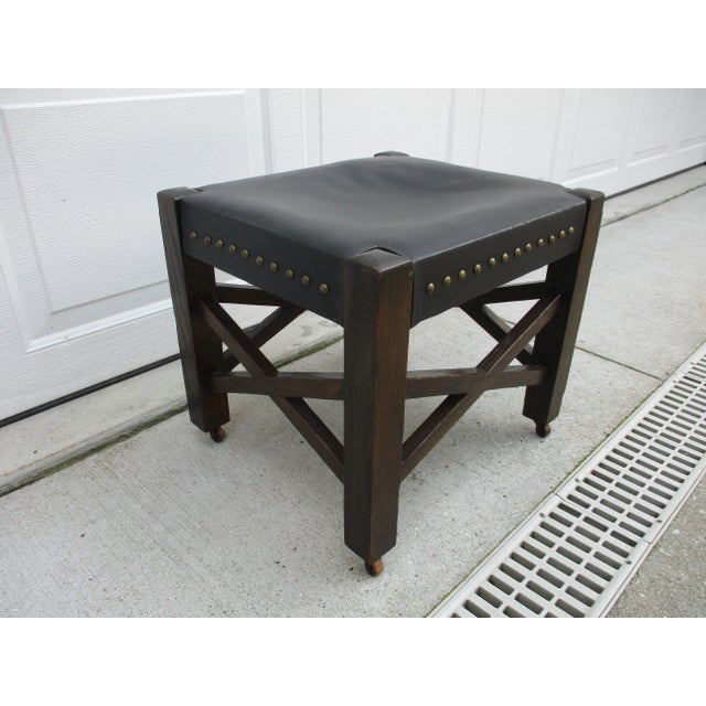 Early 20th Century Mission Arts & Crafts Style Black Leather Footstool on Wooden Casters For Sale - Image 5 of 11
