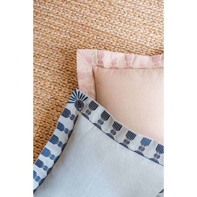 Tassel Embroidered Linen Pillow, Bisuqe and Petal Pink, 24 "x 24", Pair For Sale - Image 14 of 14