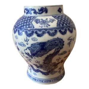 Vintage Chinese Transitional Style Blue and White Ginger Jar With Calligraphy
