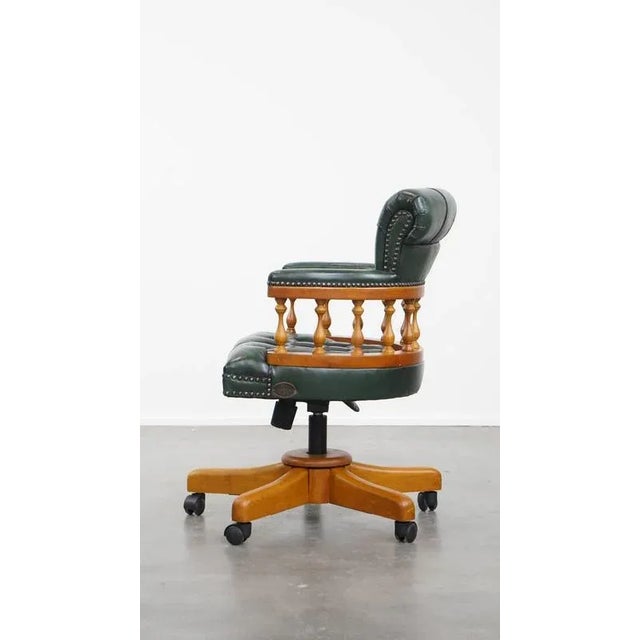 1990s Green Cowhide Chesterfield Office Chair on Wheels For Sale - Image 5 of 14