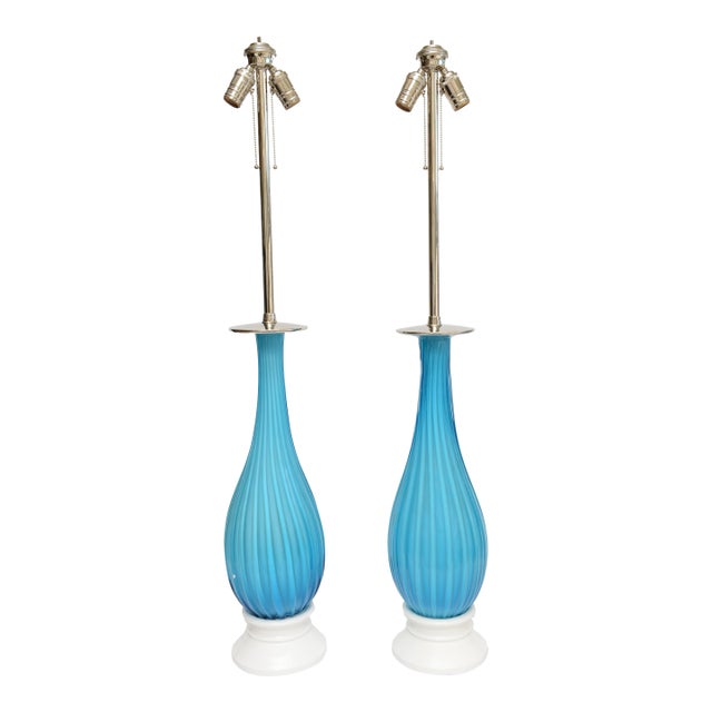 1950's Murano Seguso Turquoise Ribbed Glass Lamps With Nickel Silver for Marbro Lamp Co. For Sale