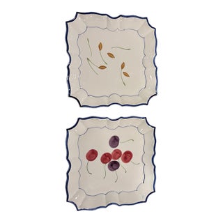 1990s Vietri Disappearing Cherries Pattern Square Dessert or Display Dishes - Pair For Sale