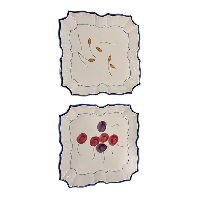 1990s Vietri Disappearing Cherries Pattern Square Dessert or Display Dishes - Pair For Sale