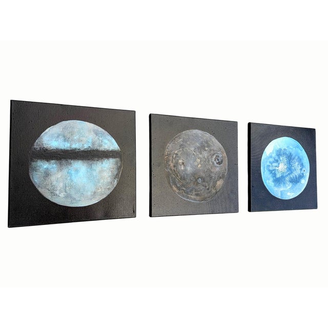 Contemporary Original Planet Moon Triptych Paintings- Set of 3 For Sale - Image 9 of 12