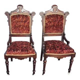 Pair of 1920s Philips & Philips Victorian Walnut and Velvet Upholstered Chairs For Sale