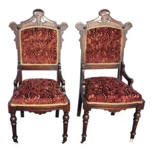 Pair of 1920s Philips & Philips Victorian Walnut and Velvet Upholstered Chairs
