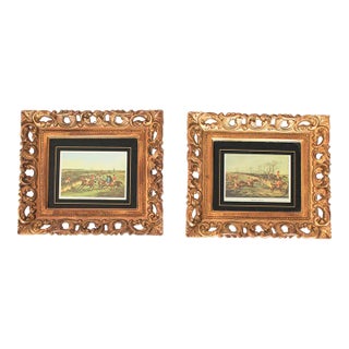 Pair of Vintage Fox Hunting Scene Prints in Ornate Gold Frames For Sale