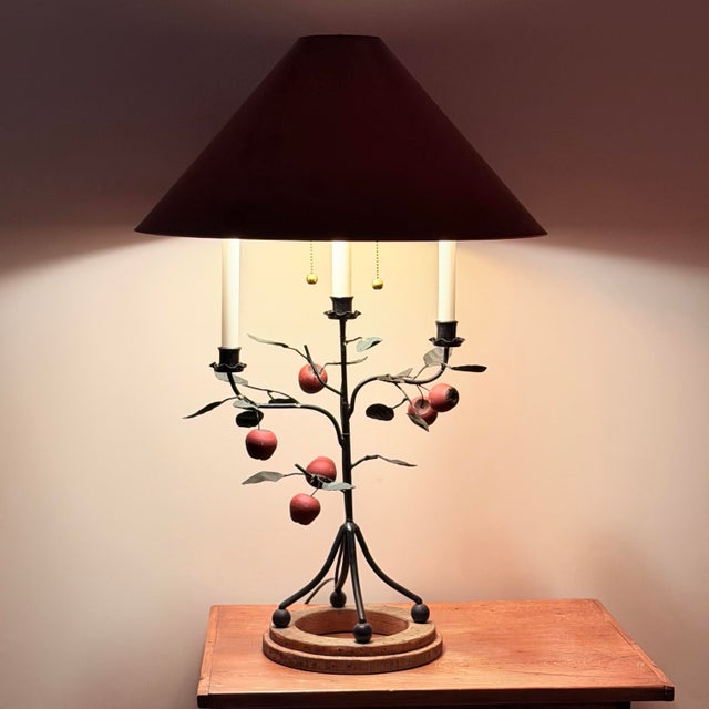 1950s Frederick Cooper Chicago Tole Apple and Iron Candelabra Table Lamps Set of 2, 1950s Folk Art Toleware For Sale - Image 5 of 11