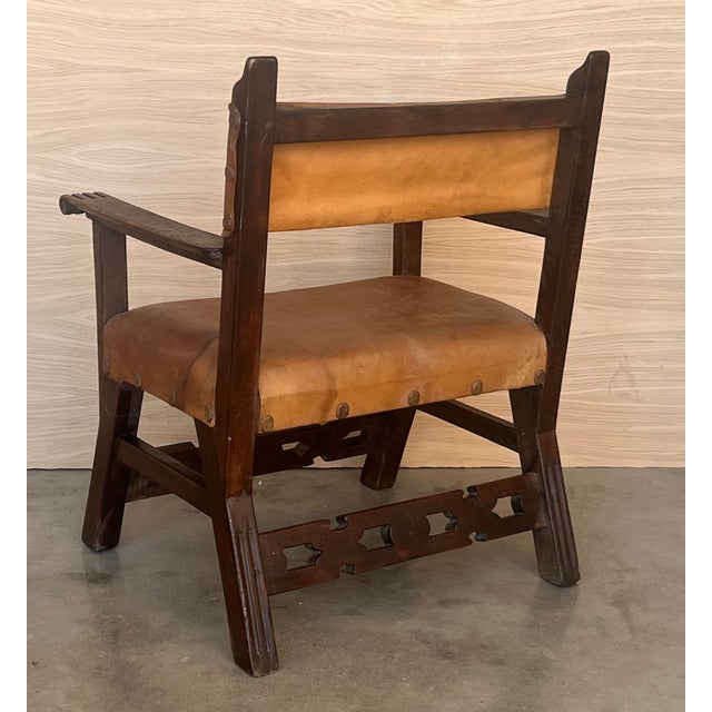 19th Century Spanish Pair of Colonial Carved Armchairs With Leather Seat & Back For Sale - Image 6 of 12