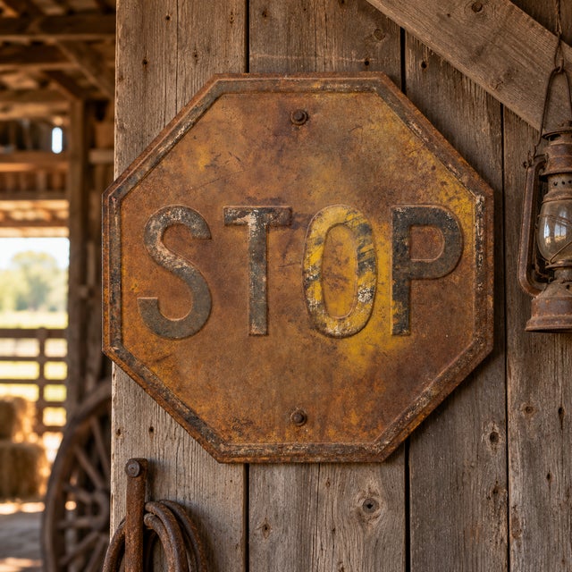 Vintage American Embossed Yellow & Black Steel Stop Road Sign, 24-Inch For Sale - Image 6 of 8