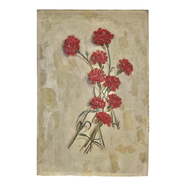 Antique Botanic Oil Painting of Red Carnations, Late 19th Century For Sale
