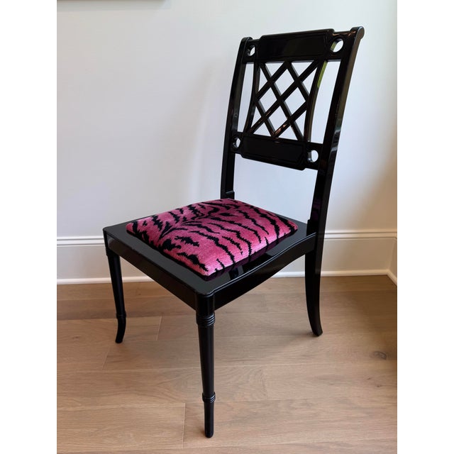 2010s Set of 4 Chinoiserie Dining Game Chairs With Scalamandré Tigre Upholstered Seats For Sale - Image 5 of 9