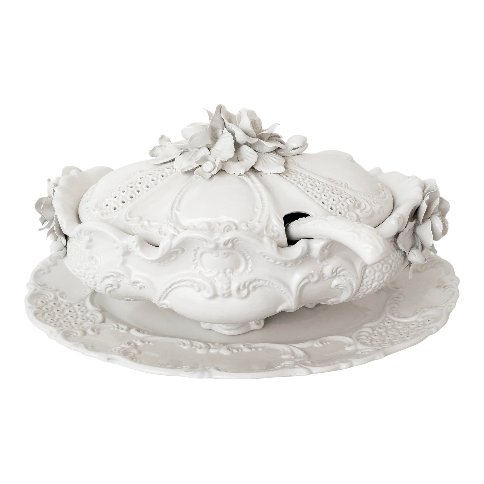 Mid-Century Italian White Porcelain Tureen With Ladle and Platter
