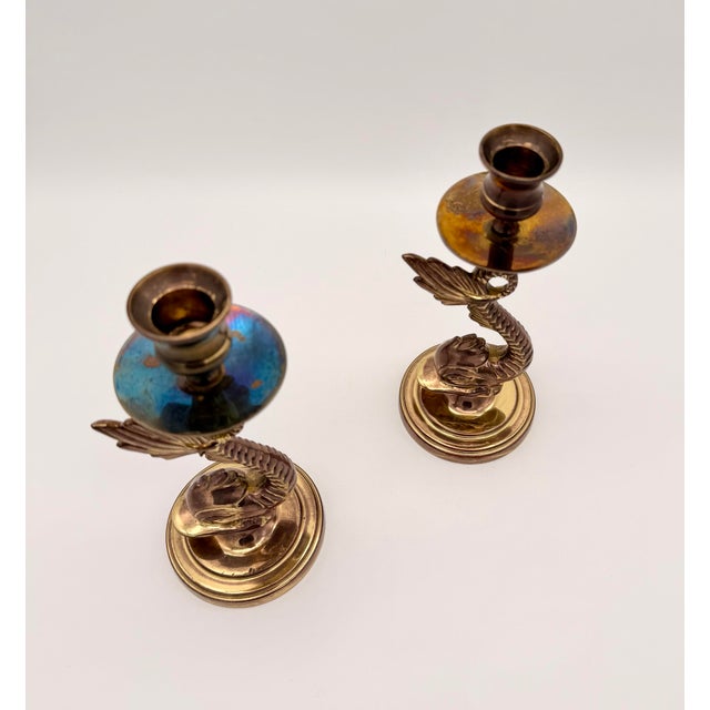 Chinoiserie Vintage Patinated Brass Dolphin Candlestick Holders – Pair – Hollywood Regency / Neoclassic For Sale - Image 3 of 4