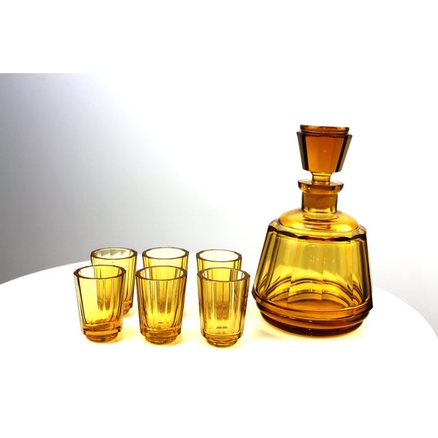 Mid-Century Modern Mid-Century Amber Glass Liqueur Set from Moser Karlsbad, Set of 7 For Sale - Image 3 of 18